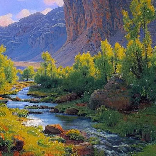 Prompt: A detailed Nevada landscape with a stream in the style of Peder Mork Monsted