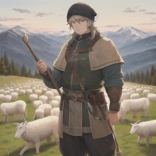 Prompt: Mountain Shepherd:

Appearance: He is a strong, resilient man with a warm, rosy complexion and a soft, caring gaze. His eyes are a gentle hazel, and his short, tousled hair is covered by a simple woolen cap.

Pose: He stands contentedly among his grazing flock, a shepherd's crook in hand, as he watches over the animals with a protective, nurturing demeanor.

Outfit: He wears a handmade, woolen sweater and a full-length, hooded cloak made from felted wool to shield him from the mountain winds. His trousers are crafted from heavy, woven linen, and his boots are made from sturdy, tanned leather.

Colors: His outfit primarily consists of earthy tones, such as browns, grays, and muted greens, with occasional pops of color from the shepherd's crook or woolen cap.

Scenery: He is posed in a peaceful, verdant mountain landscape, with rolling hills, rocky outcroppings, and the distant sound of a babbling brook. The sky above is a brilliant blue, dotted with fluffy white clouds.
scenic, masterpiece, high quality, highest quality