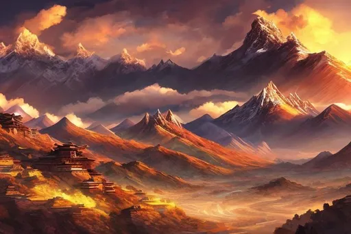 Prompt: a Tibetan landscape with mountains, clouds, the setting sun, 32k, hyper detail, epic cinematic BG, realistic, hyper, natural colors