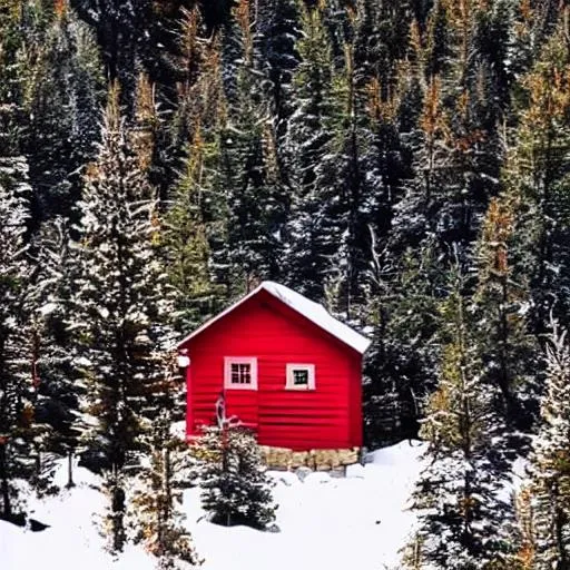 Prompt: red cabin up in the moutain with trees from a mile away


