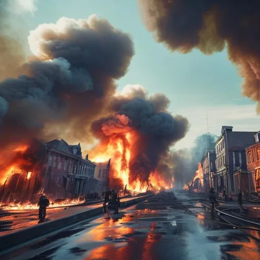 Prompt: Early tall 1900s buildings on fire with broken road old cannons war high resolution 4k daytime nice weather light blue sky 