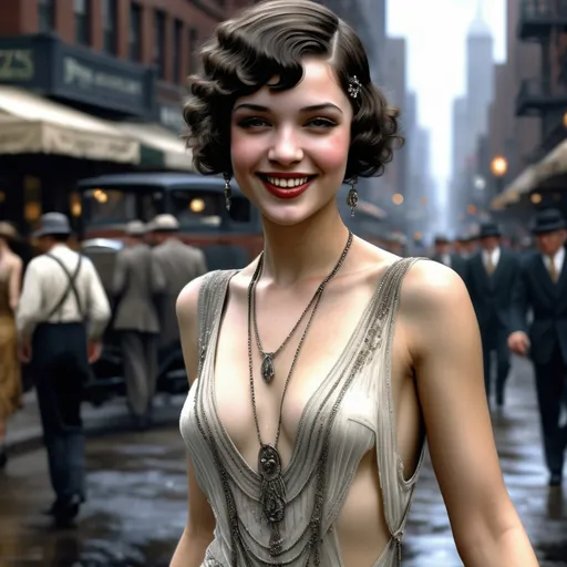 Prompt: Hyper-realistic full body height digital painting  by Luis Royo:: young pretty happy 1920s flapper woman, short curly brunette hair, highly detailed facial features and coy smiling expression, wearing fashionable clothing, walking through the streets of a Jazz district in Chicago in 1925:: 8k resolution, incredible details, a masterpiece, photorealistic