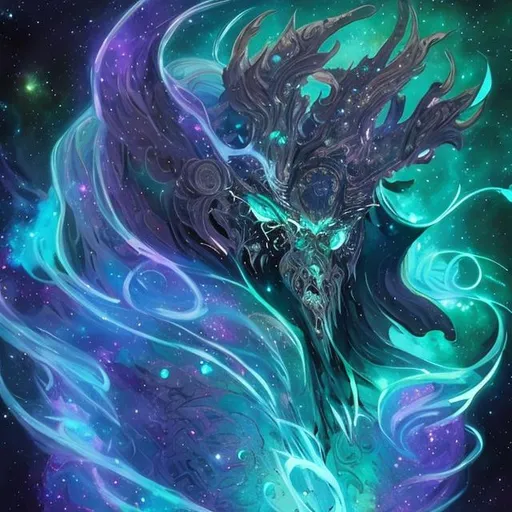 Prompt: Aetherius is a majestic figure, draped in flowing robes woven with the patterns of stars, galaxies, and constellations.They possess an otherworldly aura, with eyes that sparkle like shimmering stardust. Their form radiates an ethereal glow, signifying their connection to the cosmic forces that govern destiny.