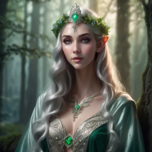 Prompt: Adult slim female elf royalty, graceful posture, ethereal elegance, adorned in intricate silver and emerald robes, wearing a delicate crown, long flowing hair adorned with flowers, serene expression, surrounded by enchanted forest backdrop, magical soft lighting highlighting her features, enchanting atmosphere, mystical aura, ultra-detailed, high quality.