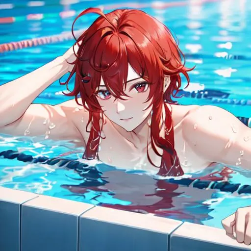 Prompt: Zerif 1male (Red side-swept hair covering his right eye) 8K, UHD, best quality, swimming at the pool
