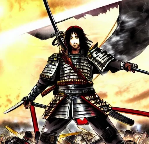 Prompt: Anime war scene graphic High detail Samurai warrior crusaders with Jesus Christ as depicted in the book of  revaltion coming out of heaven gathering his chosen to ride against the enemy Satan and his fallen cyberpunk ninjas