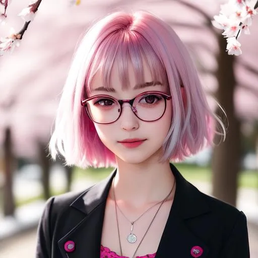 Prompt: 18 years old cute and beautiful girl, hi res, photography, wearing glasses, realistic, high details, facial details, messy stray hair bob fringe pink and silver, slim body, f-cup size,  snowry winter cherry blossoms, hyperdetail, 4k, 8k, sunny day, pastel soild and sharp colour, backlit, facial expression, chest visible