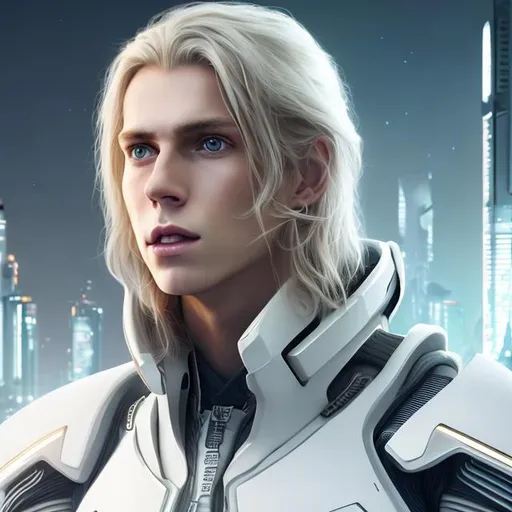 Prompt: attractive young french male, golden blonde long hair, grey eyes, thoughtful expression, simple tight white outfit, futuristic spaceship bridge, portrait, realistic details photorealistic, 8K render, cinematic lighting,  ultra detailed