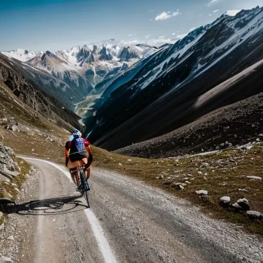 Prompt: A cyclist on his way to the top of a col in a tough mountain stage.