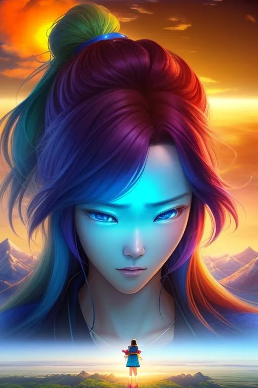 Prompt: Create an intense, dreamlike scene with a colossal, beautiful face, beautiful body, beautiful eyes, beautiful hair, smooth textures,is a digital painting with vibrant colors and exceptional detail, created using 3DS Max, AppGameKit, and Behance HD.
 giant Japanese woman who is 23 years old and stands at 40000 feet tall wearing sports clothing. The woman should have a beautiful face, body, eyes, and hair that is vibrantly colored. She should be standing in a miniature landscape filled with trees, houses, and cars that are all tiny compared to her. The landscape should have a vibrant color scheme with bright oranges, yellows, and other colors. The lighting should be bright and sunny, making the woman's skin look smooth. The miniature people in the landscape should have fearful expressions as they look up at the giant woman while she looks down at them with a gentle smile on her face. Style: Mixed Media (using both traditional and digital mediums), Surrealism. Inspiration: James Jean - Jean's intricate and detailed illustrations would add depth and complexity to this image. His use of mixed media techniques would bring texture and dimension to the landscape.
_ _