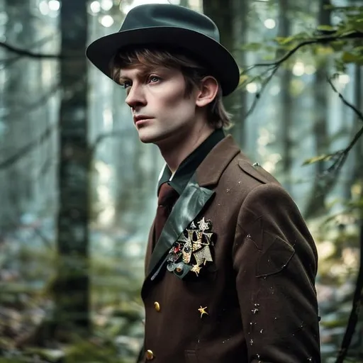 Prompt: It's a gentleman in the forrest, clear brown hair, blue eyes, attractive, in a black leather suit, which seemed sewn with fragments of night skies. His jacket was adorned with stars, and his hat was a constellation in itself. A medal gleamed on his
chest from him, while a golden chain slipped from his pocket, 
cotton White shirt. character realism like actor henry cavill