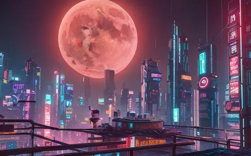 Prompt: Long shot, cinematic view

Hyper detailed cyberpunk City concept art, cinematic lighting, night, detailed full red moon, neon light, contrast color, insanely detailed digital art, photo realistic, detailed sky, detailed cloud, captured by high resolution camera, 35 mm, 64k, ultra HD, inspired by cyberpunk 2077, professional work, masterpiece