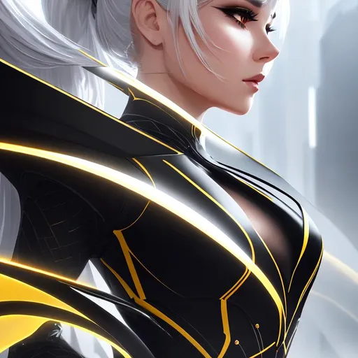 Prompt: closeup, portait, (((ultra white silk ponytail long hair))), (((black ribbon))), (((carbon pattern black fiber suit))), (((gold stripes pattern))), (((futuristic white city))), dim light, shadow vibrant atmosphere, digital painting, artstation, smooth, concept art, ethereal, digital painting, artstation, concept art, smooth, concept art, happy, ethereal, royal vibe, highly detailed, detailed and intricate background, digital painting, Trending on artstation, Big Eyes, artgerm, highest quality stylized character concept masterpiece, award winning digital 3d oil painting art, hyper-realistic, intricate, 64k, UHD, HDR, image of a gorgeous, beautiful, dirty, highly detailed face, hyper-realistic facial features, perfect anatomy in perfect composition of professional, long shot, sharp focus photography, cinematic 3d volumetric