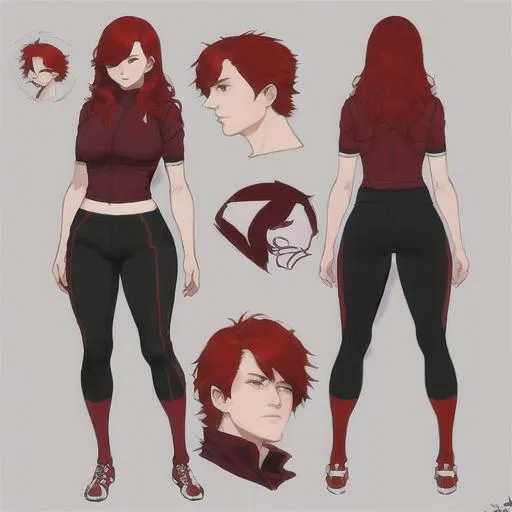 Prompt: original character , redhead , shy , red sport outfit , reference sheet , black pants , portrait , pose 