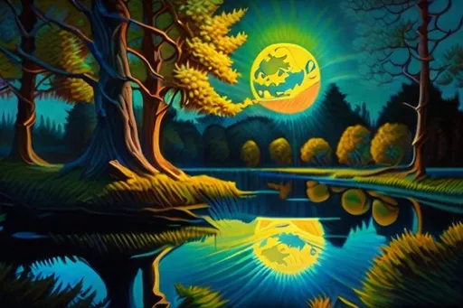 Prompt: The lake through the trees in the moonlight. Oil on canvas, Van Gogh, Michael Whelan, Renoir, Micheal Cheval, light reflections, LSD, Acid influence, RHADS, Trending on Artstation, Bright Vivid Colors, Polished, Masterful Surrealism, Photorealistic, Cel-shaded, digital illustration, unreal engine, 64k, high definition, light, depth of scale, atmospheric, luminous, iridescent, glowing, octane render, psychedelic art, pastel, very thick paint, brush strokes, Nikon D850 elegant oil on canvas very attractive beautiful dynamic lighting award winning fantastic view hyperrealistic 4K 3D high definition crisp quality Unreal Engine colourful hdr Van Gogh surreal Alex Alemany