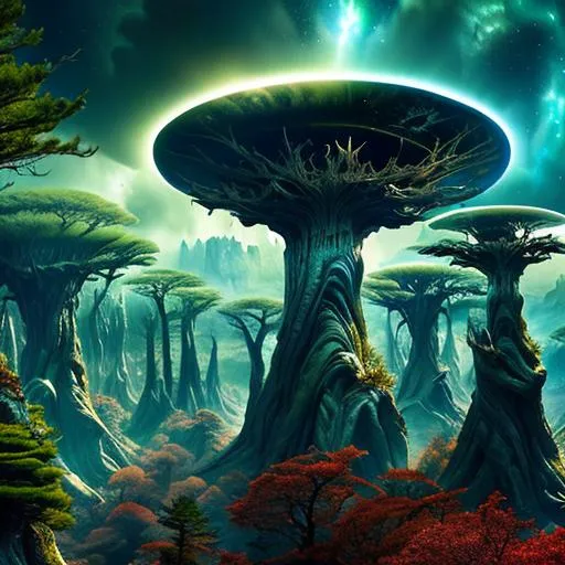 Prompt: long shot scenic professional photograph of an alien forest, perfect viewpoint, highly detailed, wide-angle lens, hyper realistic, with dramatic sky, polarizing filter, natural lighting, vivid colors, everything in sharp focus, HDR, UHD, 4k