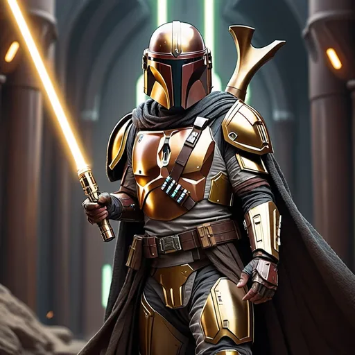 Prompt: Jedi Mandalorian with detailed armor and cloak, wielding gold dual lightsabers, digital illustration, high quality, sci-fi, fantasy, cool tones, intense lighting, futuristic setting, intricate details, professional art style