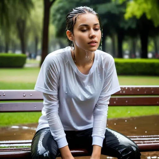 Prompt: Generate a photo of a young woman sitting on the bench in park,  in soaking wet clothes, wearing a t-shirt and a pants. She is enjoying the moment with water dripping from her clothes, which are stuck to her body. The image should show detailed textures of the wet fabric, a wet face, and plastered hair. The overall effect should be shiny and wet, with professional, high-quality details and a full body view.