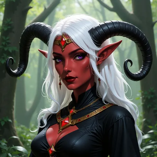 Prompt:  @p2CZMES7VK5y7B1QsEFp white hair, large crown, lots of jewelry, horns curved down, black clothes, lush forest