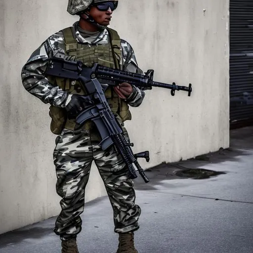 Prompt: A modern day soldier with an assault rifle and his gear is a navy blue camo