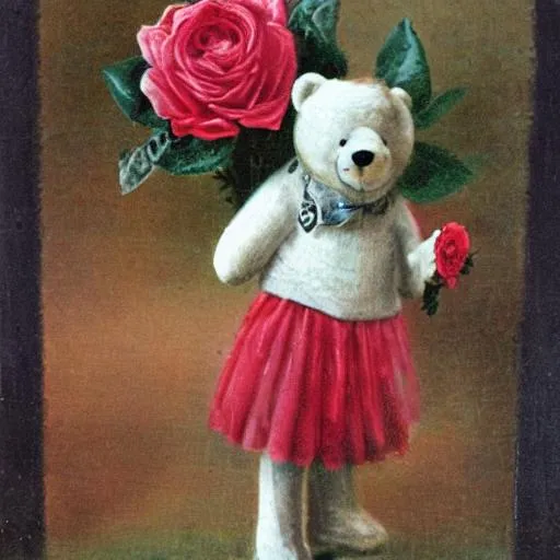 Prompt: teddy carrying roses