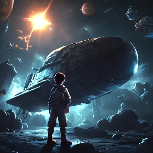 Prompt: a boy holding a space ship alone ,in a darker night