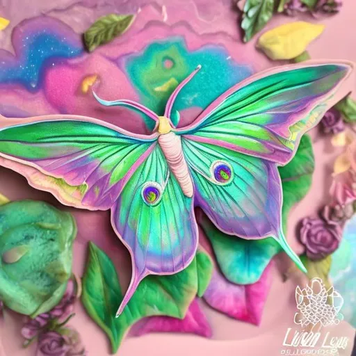 Prompt: Pastel Luna moth diorama in the style of Lisa frank