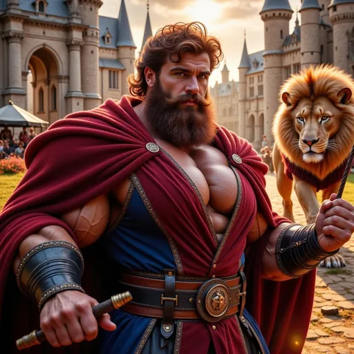 Prompt: (Goddrick Gryffindor), warrior wizard, handsome knight with (exquisite robes), showcasing hairy chest and (rippling muscles), (dark red thick hair), (dark red full beard), gripping a wand, magic swirling in the air, majestic lion in the background, (Hogwarts castle), cinematic lighting, vibrant colors, (ultra-detailed), enchanting atmosphere, (mythical essence) capturing strength and bravery.