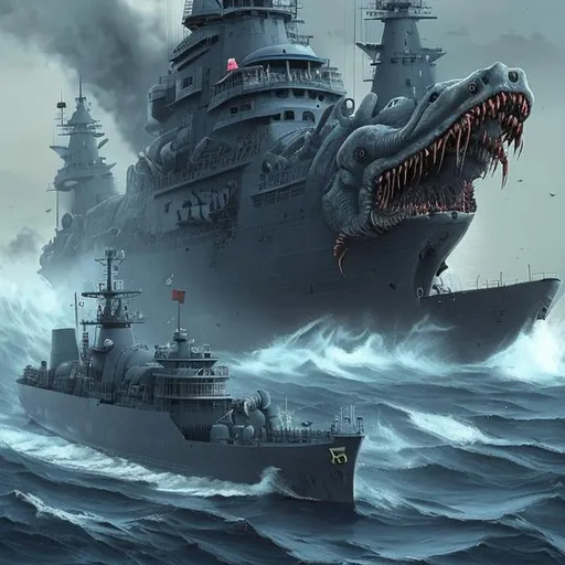Prompt: demonic, sea monster, modern chinese navy, sea, battle