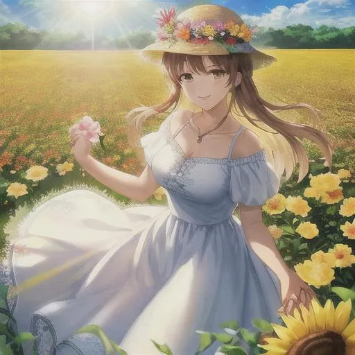 Prompt: A friend, holding my hands, in a flower field, the sun is bright and bring a smile on my face. Woman and man.