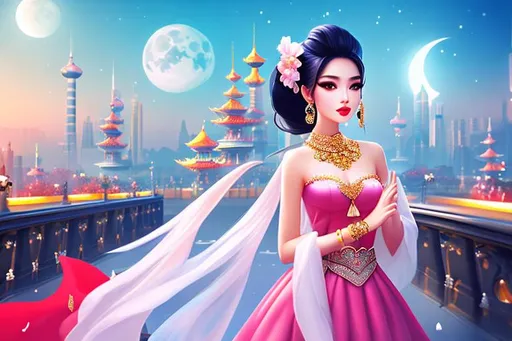 Prompt: head-on, surreal cartoon, high fashionista pose, glossy, walking toward viewer, stunning Chinese lolita, she is dressed like a summer queen, dramatic jewelry, statement necklace, background is architecture lit by the moon,  trending on artstation