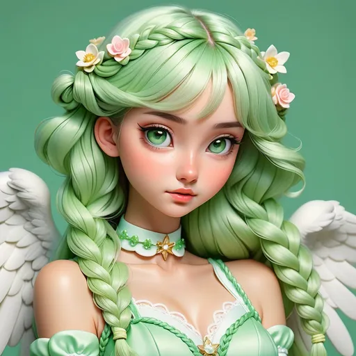 Prompt: Portrait, detailed, magical girl, angel, virtue of kindess, pastel green braid, 