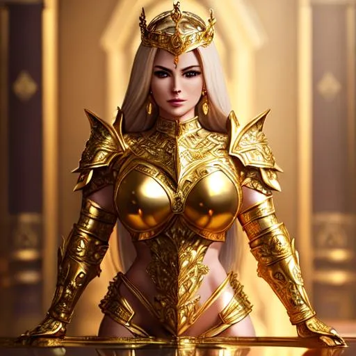Prompt: Woman, stunning, muscular, strong, fit, queen, paladin, wearing a golden armor, holding a golden sword, fantasy, UHD, 8k, high quality, ultra quality, perfect composition, trending art, trending on artstation, sharp focus, studio photo, intricate details, cinematic lighting, special effects, hyper realism, hyper realistic, Very detailed, oil painting, full body