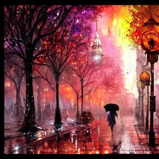 Prompt: Woman walking with umbrella, Fantasy Forest trees, Watercolor, steampunk, New York City street,  near death experience, buildings,  trees, tall trees along street, storefront, wet on wet , sunrise, petals rain, watercolor , New York City,  art by Daniel Merriam, Josephine Wall, Jeremy Lipkin,  Alayna Danner, holographic reflection, glossy, shimmering, cinematic smooth, super clear resolution,  intricate, highly detailed, crispy quality, dynamic lighting, hyperdetailed and realistic, fantastic view