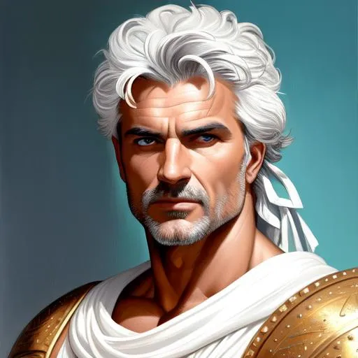 Prompt: Face Portrait of a epic character male fifty-year-old roman hero,  bodybuilder physique, grey unruly hair, tanned capri-pants armour "authentic roman greek clothes"  "white tunic" oil painting style, Sparth style, Caravaggio Style, high quality, masterpiece,  highres, beautiful, handsome, biceps, UHQ  oil on canvas, cyan and brown, neon, inksplatter, acrylic painting, dynamic pose, belts,
sandals, architecture background, dramatic lighting, divine proportions 
