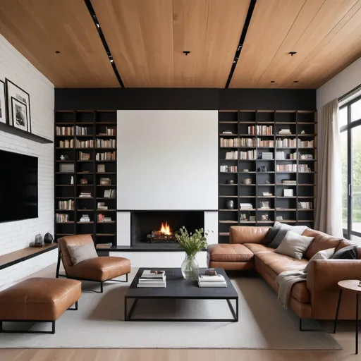 Prompt: Generate a living room with wooden material in walls and ceiling and porcelain floor with large smooth black squares. A central white brick fireplace protrudes from the wall, and shelves with books on the sides. To the right of the fireplace, large windows create a composition of squares and rectangles with a black steel frame. The living room with sofas with unconventional brown and black furniture and an organic glass center table with books on top of it. With little height and that generates a cozy and warm theme. Use more wood in the living room