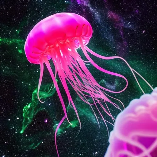 Prompt: hot pink jellyfish bloom in space, glowing in the middle of this there is a spherical white and green island .