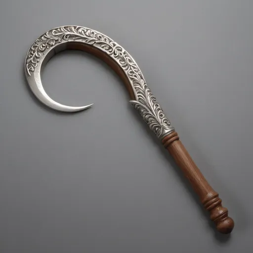 Prompt: An ornate yet simple silver sickle with a wooden handle