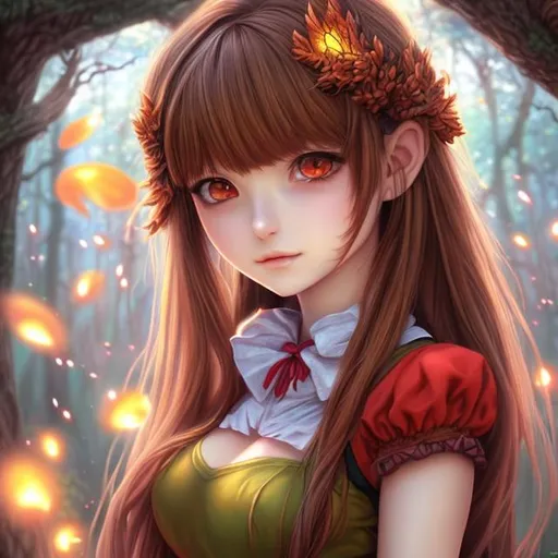 Prompt: ((best quality)), ((illustration)), ((masterpiece)), ((upper body)), digital portrait, vibrant colors, 3D, unreal engine, fantasy, anime girl, brown hair, Reimu Hakurei, Touhou Project, forest, green background, night, fireflies