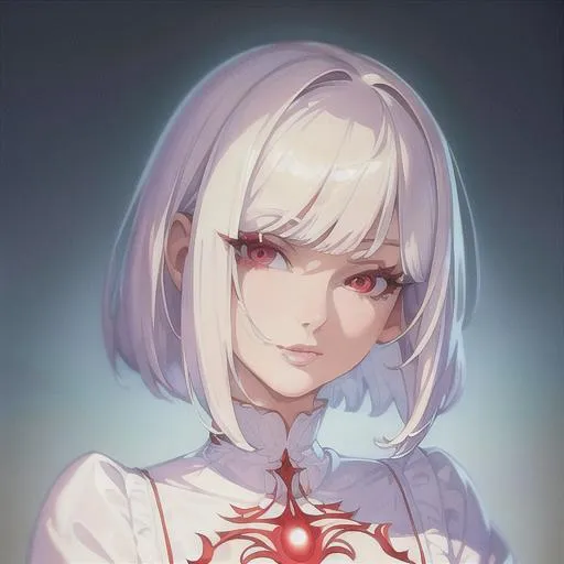 Prompt: (masterpiece, illustration, best quality:1.2), short trimmed white hair, red angelic eyes, wearing white silky nightgown, best quality face, best quality, best quality skin, best quality eyes, best quality lips, ultra-detailed eyes, ultra-detailed hair, ultra-detailed, illustration, colorful, soft glow, 1 girl