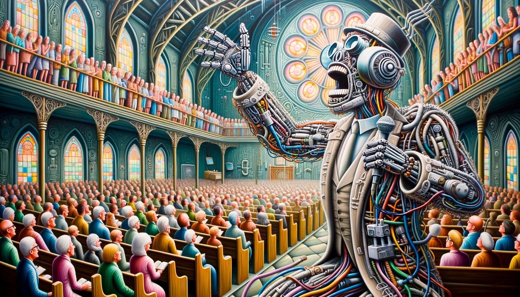 Prompt: An oil painting of a whimsical cyborg baptist preacher, made of wire and machinery, delivering a passionate prayer in a machine age aesthetic church. The congregation consists of diverse human figures, all immersed in the psychedelic ambiance, with PS1 graphics elements scattered throughout.