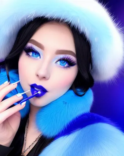 Prompt: Liv Morgan eating candy ice cream, blue lipstick, snowy beach, blue heart necklaces, Thick blue fur coat, Black Cape, pleasant face, blue eyes, Black-purple eyeshadow, long ice earrings. Cold color scheme, ultradetailed, 8k resolution, perfect, smooth, high quality, shiny. 