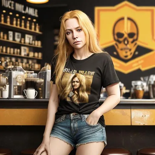 Prompt: Portrait of a woman, golden hair, in Metallica shirt, shorts and cafe background 