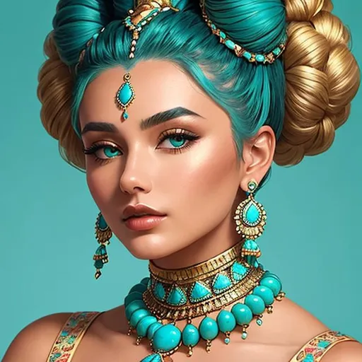 Prompt: An extremely gorgeous woman,  with top knots full of turquoise jewels, in color scheme of turquoise and gold