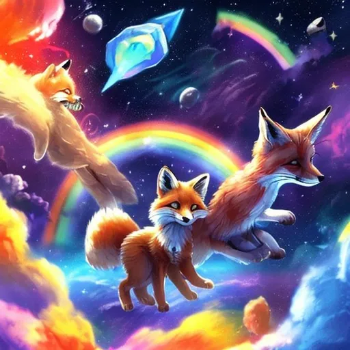 Prompt: fox and cat in space playing in a rainbow asteroid field 
