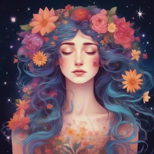 Prompt: Colorful and beautiful Persephone with hair that is made out of the stars and flowers