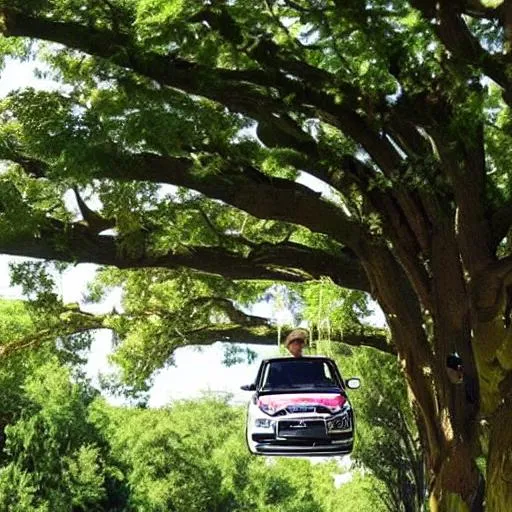 Prompt: ugly pigs uuuuuuuh riding in cars with a tree in top and people hung in the tree

