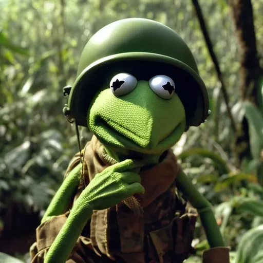 Prompt: Kermit the frog wearing army helmet, in the Vietnam war, jungle background, smoking cigarette