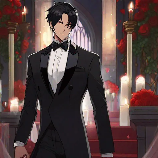Prompt: Damien  (male, short black hair, red eyes) demon form, wearing a tuxedo, standing at the altar, grinning seductively
