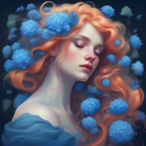 Prompt: A beautiful and colourful Persephone whose hair is made of clouds that rains down blue flowers in a painted style